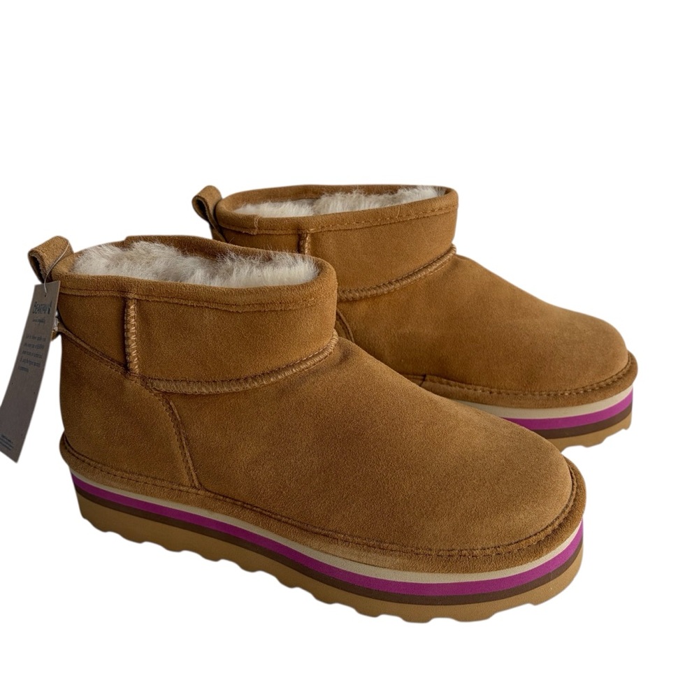 NIB BearPaw Tan Suede Platform Ankle Boots with Pink and Purple Stripe Sz. 10 - Picture 2 of 6